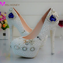 White Pearl Blue Crystal High Heel SHoes Women New Designer Handmade Wedding Shoes Crown Rhinestone Lady Happy Prom Shoes