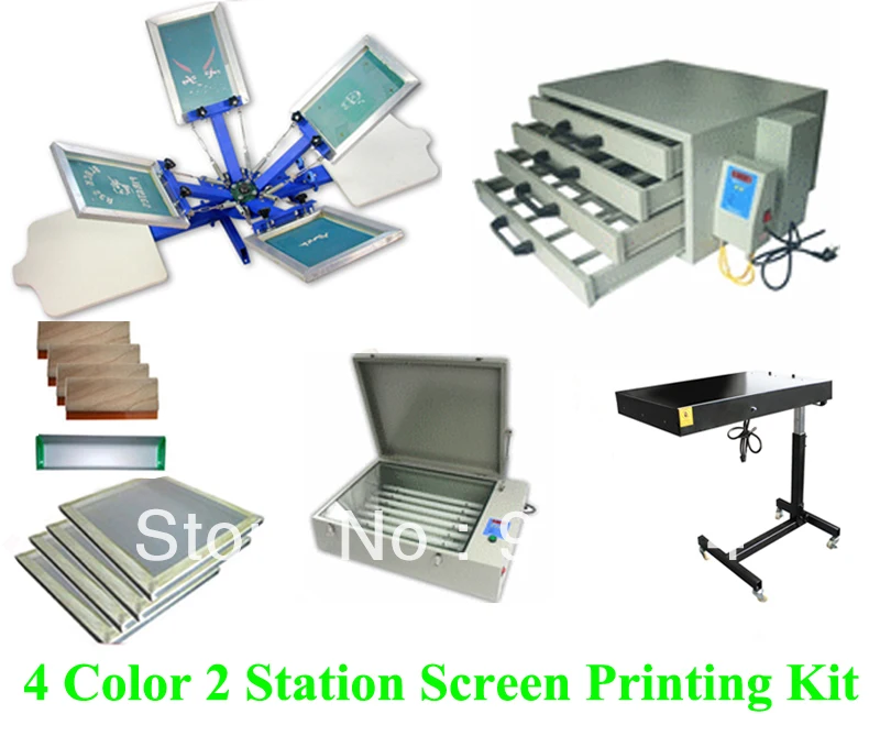 Free shipping discount full set 4 color 2 station t-shirt screen printing kit press printer machine flash dryer expsoure | Инструменты
