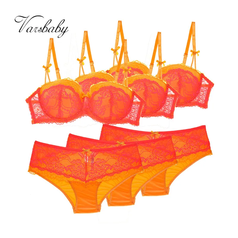 

Varsbab 3 SETS /Lot sexy underwear cotton push-up lingerie set underwire floral lace bow orange bra sets