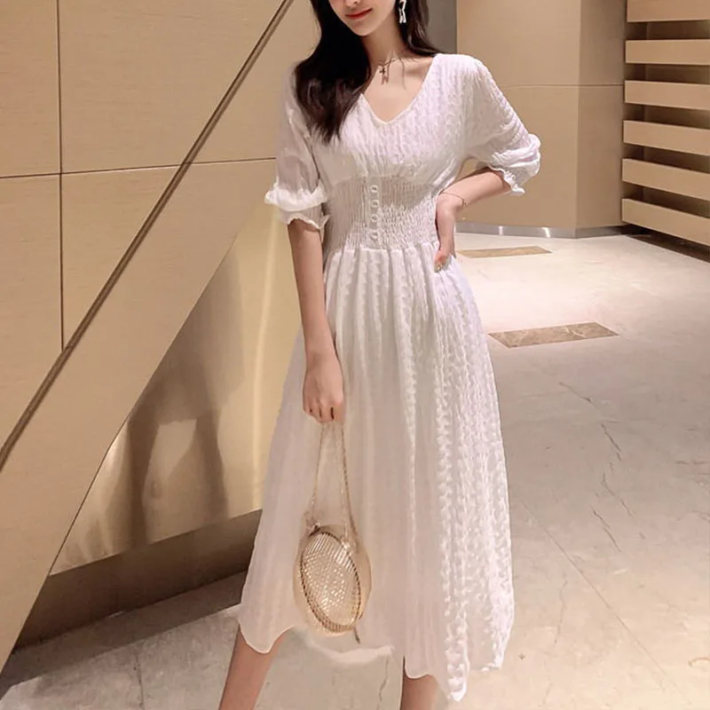 

2019 Summer Women Midi Dresses Solid Casual Korean Solid V-neck Half Sleeve Swing Flare Holiday Beach Dress For Women Female