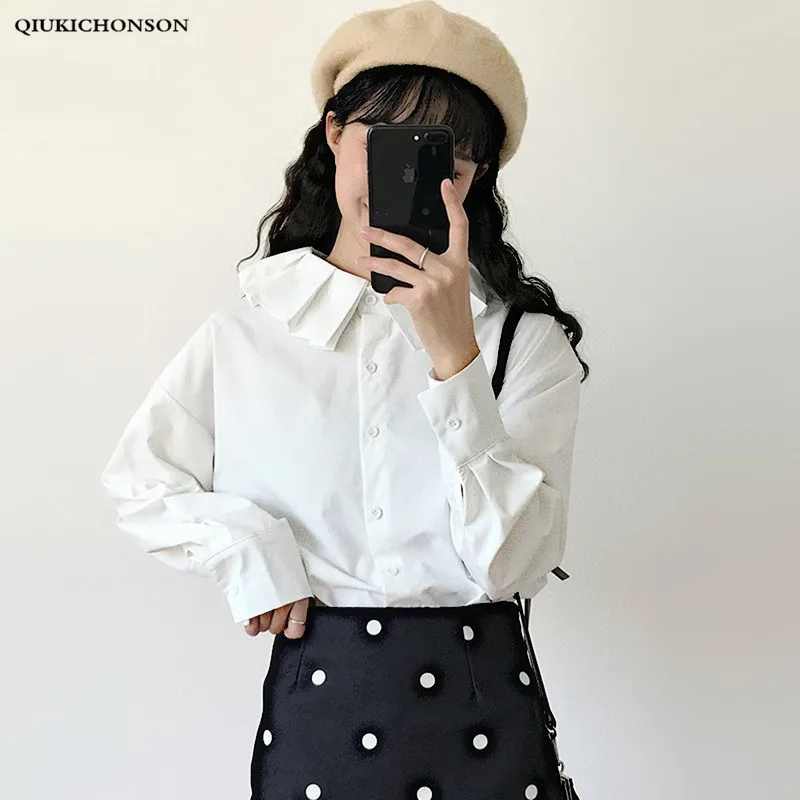 

Japanese Preppy Style Fresh Frilled Peter pan Collar Women White Shirt Long Sleeve Straight Ladies Tops and Blouses Mori Girl