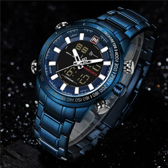 NAVIFORCE Top Brand mężczyźni Military Sport zegarki męskie LED Analog cyfrowy zegarek męski stal kwarcowy zegar Relogio męski 9093 tanie i dobre opinie Quartz Wristwatches Auto Date Complete Calendar Shock Resistant Week Display Water Resistant Stop Watch Back Light Chronograph Multiple Time Zone LED display Alarm NAVIFORCE Top Brand mężczyźni Military Sport zegarki męskie LED Analog cyfrowy zegarek męski stal kwarcowy zegar Relogio męski 9093 tanie i dobre opinie Quartz Wristwatches Auto Date Complete Calendar Shock Resistant Week Display Water Resistant Stop Watch Back Light Chronograph Multiple Time Zone LED display Alarm