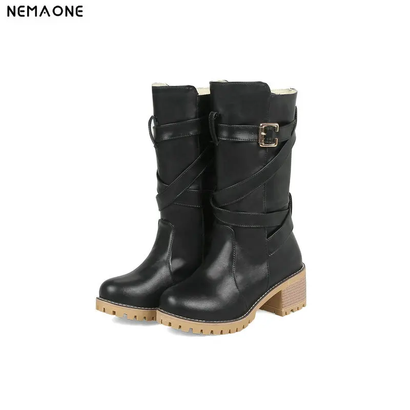

NEMAONE New Ladies mid-calf Boots woman western shoes thick high heels spring autumn women boots large size 42 43