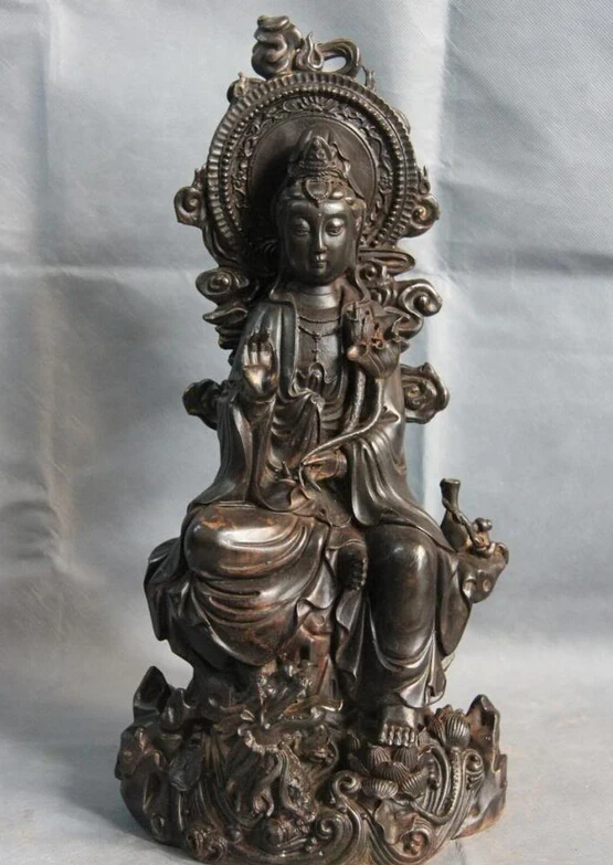 

Elegant old S0688 Buddhism CoppER Bronze Ride Dragon lotus flower Guan yin Kwan-yin Boddhisattva statue