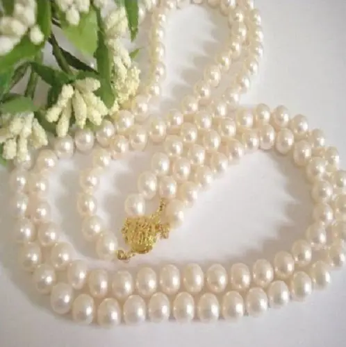 

Free Shipping >>>VERL CHARMING 2 ROW 8-9 MM AAA AKOYA WHITE PEARL NECKLACE 18" 14k GOLD CLASP