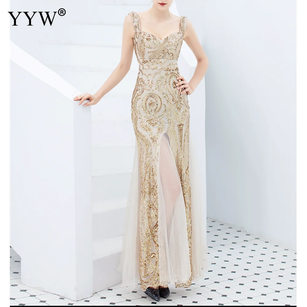 Green Sequined Summer Long Party Dress Spaghetti Strap Sexy Evening Gowns Women Sequin Mesh Patchwork Elegant Club Dresses - Цвет: gold