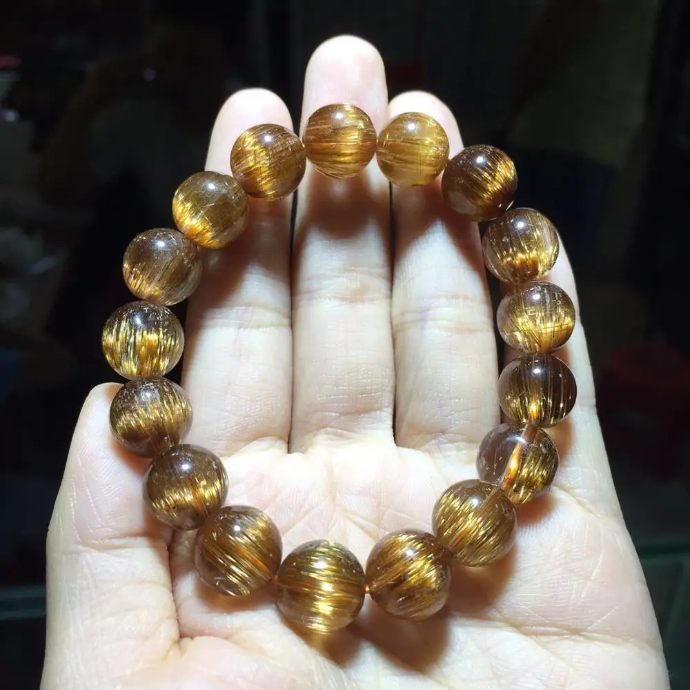 Natural Copper Rutilated Quartz Cat Eye Crystal Beads Bracelet 12mm AAAA