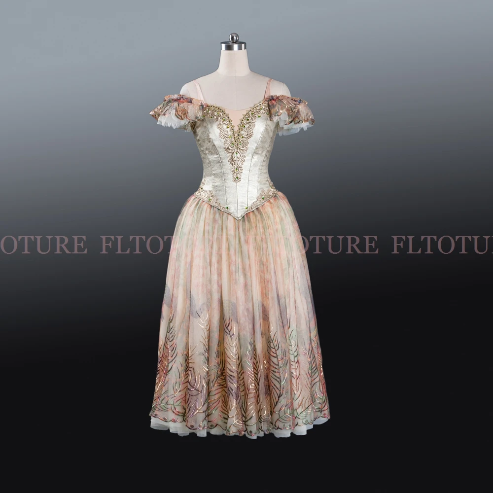 

Romantic Long Dresses Gold Color With Printing Group Dance Costumes 5 Layers Soft Tulle Skirts Don Quixote Stage Wear AT1207
