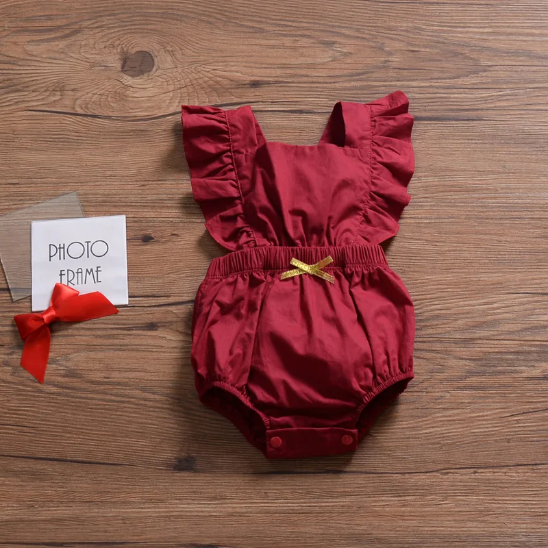 Платье для маленьких девочек Детские Комбинезоны из хлопка, летний пляжный костюм для новорожденных, короткий рукав, отделка рюшами Цвет ромперы для малышей, детские одежда детская одежда - Цвет: Красный