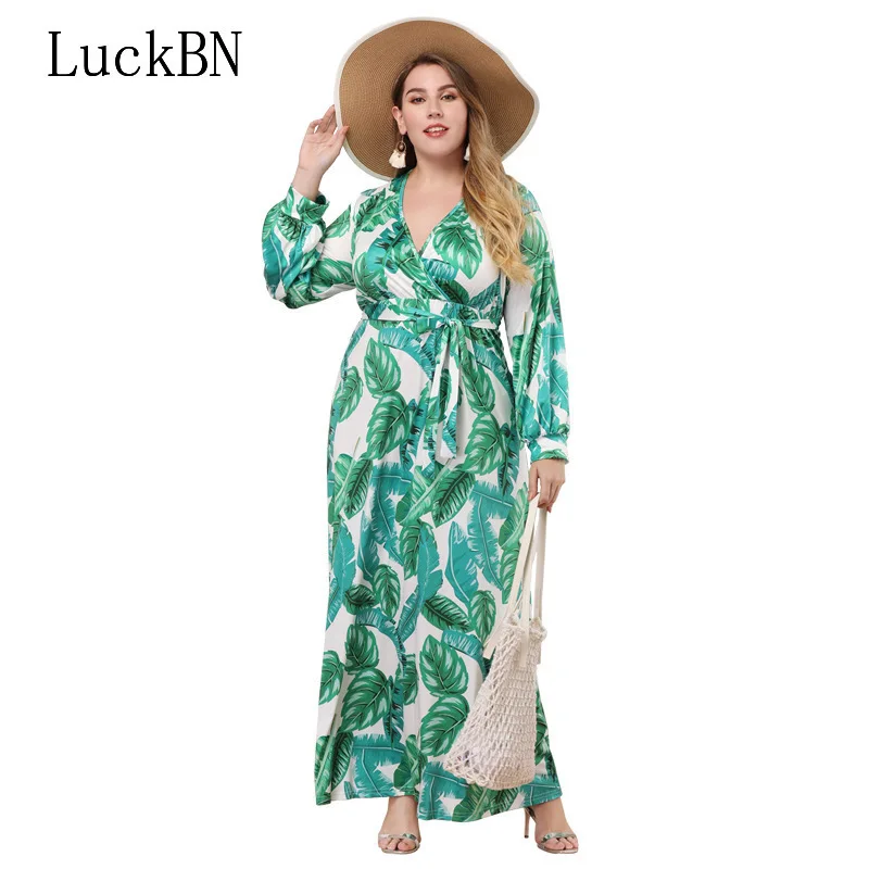 

Brand Autumn Elegant Dress Plus Size Long Sleeve Women's Print Dress Sexy V Neck Leisure Bohemian Beach Long Dresses Green 4XL