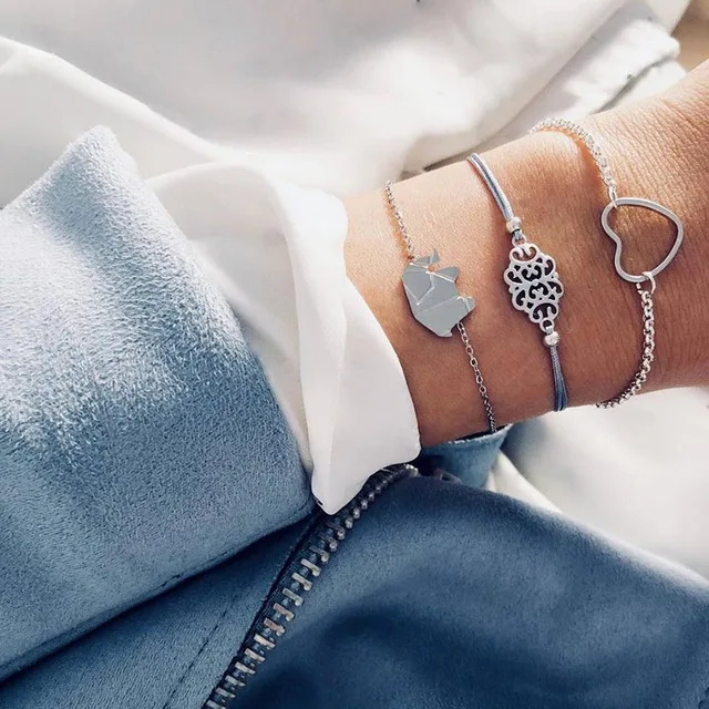 5 шт./компл. богемные Strand браслеты для женщин античный серебряный цвет Кристалл бусины в виде сердца браслеты с подвесками браслеты ювелирные изделия в стиле "Бохо" - Окраска металла: HH0765