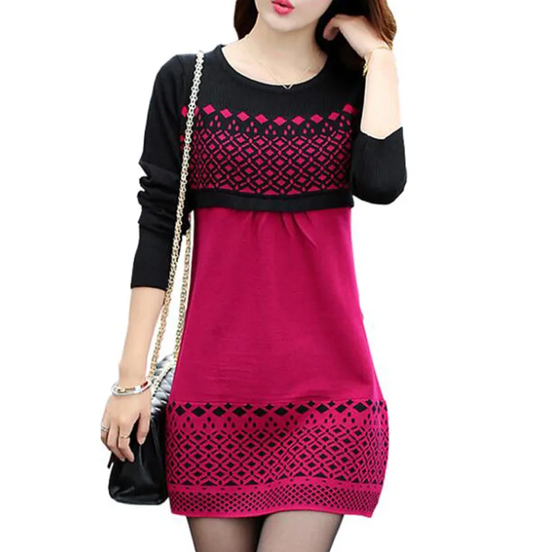 

2016 Plus Size Women Sweater Dress Winter Warm Pullover Causal Slim Patchwork O-neck Empire Full Sleeve Knitted Dresses ZY2071