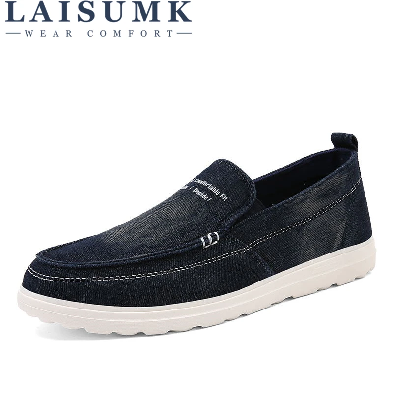 

2019 LAISUMK Men Slip-On Canvas Shoes Hot-Sale Round Toe Solid Color Denim Fashion Loafers Size 39-44 Breathable Shoes