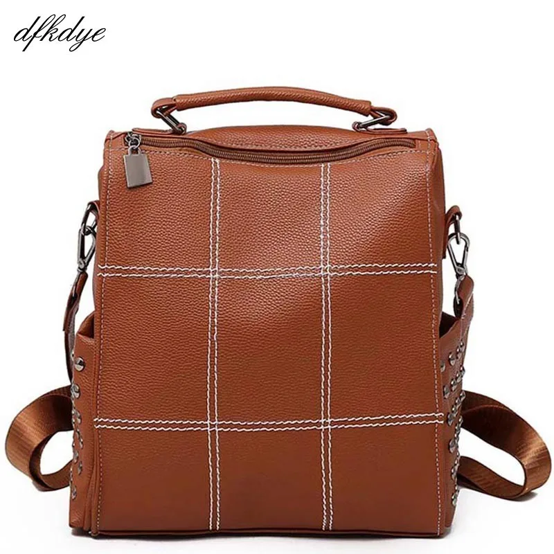 

Large Capacity School Bag Mochilas Plaid Backpack Bookbag For Bagpack Women Fashion Pu Leather Vintage Backpacks Girls Rivets
