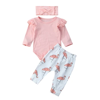 

2018 Newborn Baby Girl Clothes Set 3PCS Bodysuit Long Sleeve T Shirt Top Flamingo Pant Legging Outfit Autumn Fashion Sale 0-12M