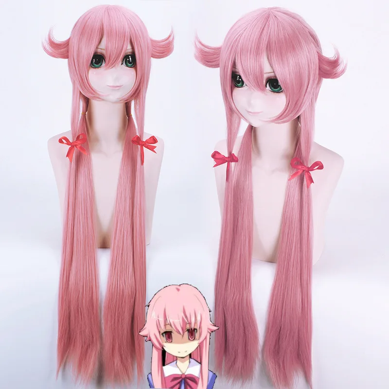 

New The Future Diary Yuno Gasai 100cm Long Pink Straight Anime Cosplay Wig Mirai Nikki Cheap Synthetic Hair Wigs