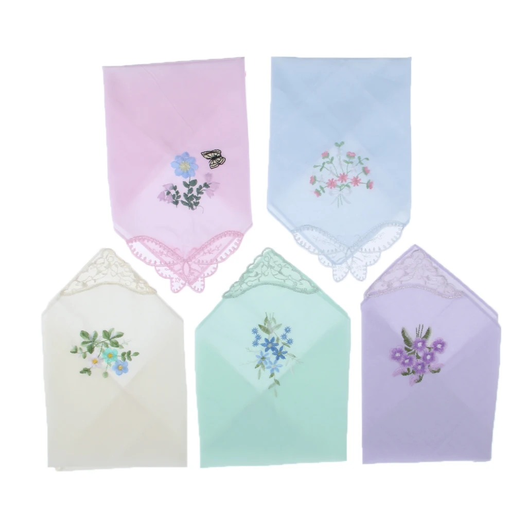 5pcs Womens Embroidered Floral Cotton Handkerchiefs Exquisite Lace Hankies Gift for Wedding Part Mother's Day bridal shower