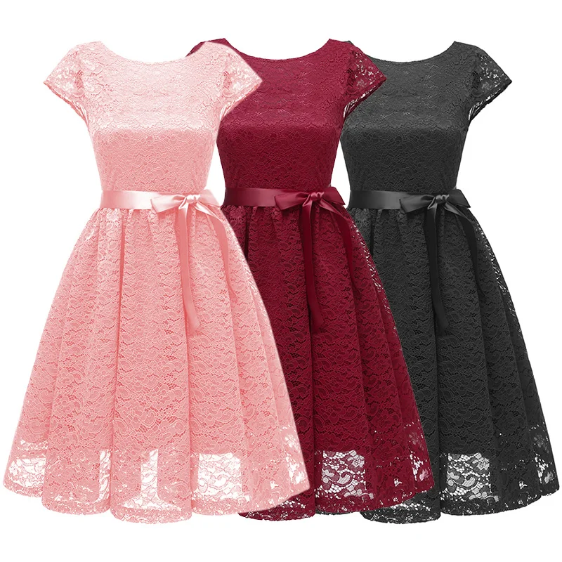 Elegant Lady Party Dress Women Lace Pleated Dress O Neck Short Sleeve