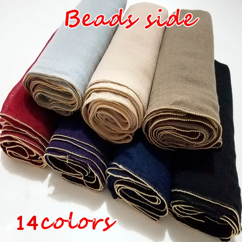 

Hot sale gold beads borders scarf women shawl plain solid viscose bandana scarves foulard fashion hijab muslim wraps 10pcs/lot