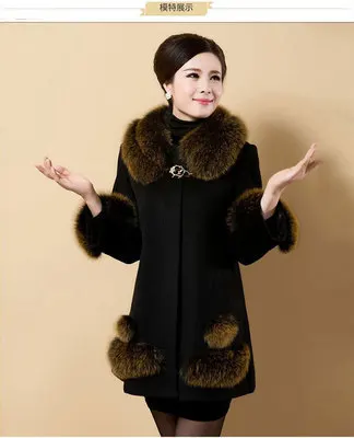 Высококлассное женское осеннее и зимнее кашемировое пальто для женщин среднего возраста с воротником из искусственного лисьего меха, длинное шерстяное пальто большого размера - Цвет: Черный