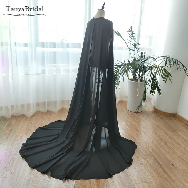 Price Black Long Wedding Cloak Chiffon Bridal Wrap Simple Spring Summer Cape with one button 2m length  DJ047