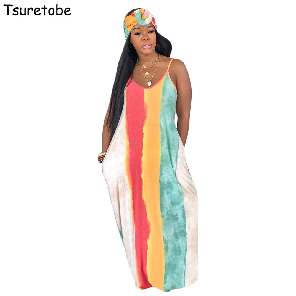 

Tsuretobe Fashion Striped Printing Dresses Women Loose Casual Spaghetti Strap Dress Ladies Beach Style Elegant Dress Female
