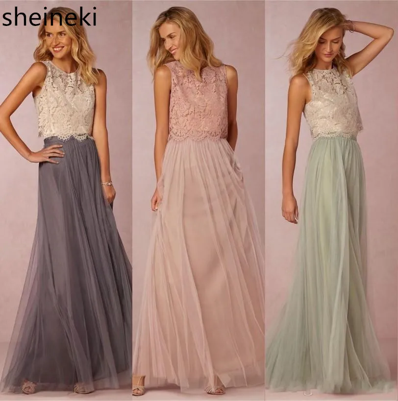 

2019 New Two Pieces Lace Crop Top Tulle Bridesmaid Dresses Long Burgundy Prom Gowns vestido de festa longo Wedding Party Gown