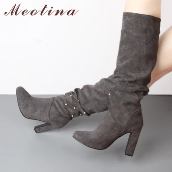 

Meotina Winter Pleated Boots Women Knee High Boots Pearl Thick Heels Boots Ladies Fashion Long Shoes Black Gray Apricot 41 42