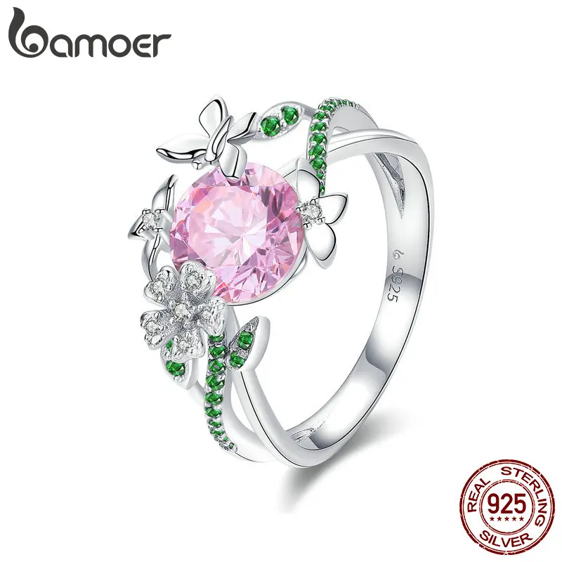 

BAMOER Crystal Ring Authentic 925 Sterling Silver Huge Pink Ring for Women Wedding Statement Jewelry Butterfly Ring GAR010