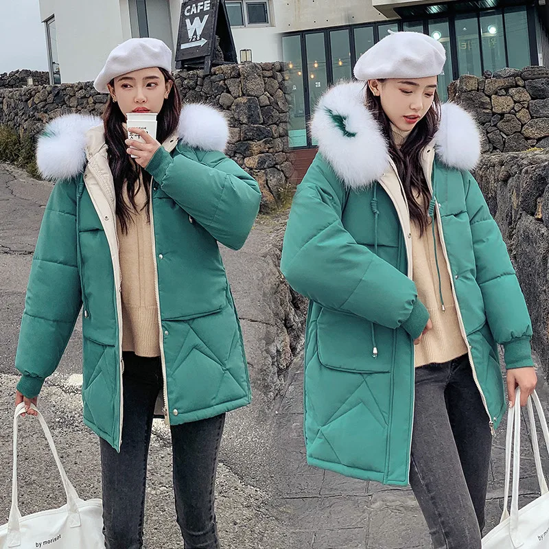Женские зимние пальто с меховым воротником, большие размеры, парка с капюшоном, свободная Корейская куртка для женщин, пуховая хлопковая Зимняя парка, базовые куртки, AA963