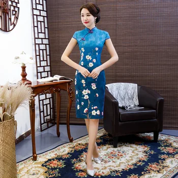 

Sexy Spring New Sexy Mini Lady Cheongsam Oversize M L XL XXL 3XL Vintage Blue Chinese Dress Vestidos Stain Party Prom Qipao