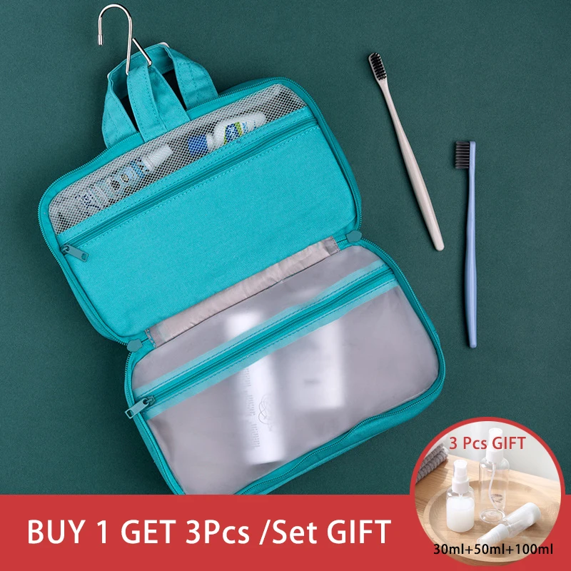 

Tri-fold Travel Cosmetic Bags Unisex Large Capacity Waterproof Canvas Makeup Bag Wash Toiletry Bag Wash Pouch with Metal Hook
