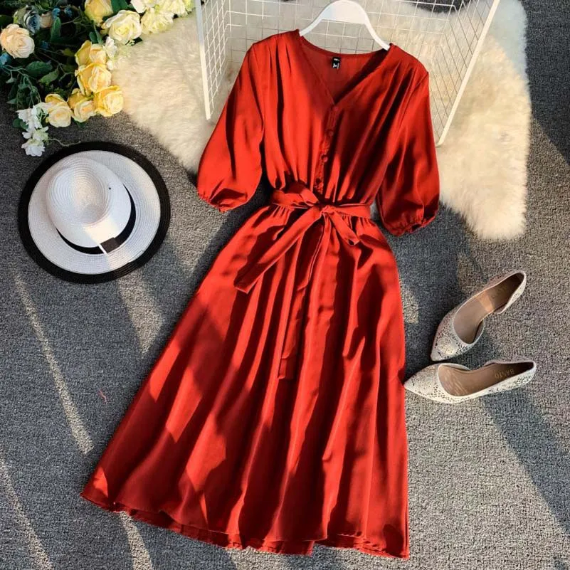 

NiceMix Women Dress 2019 Summer Korean version fashion literary small fresh solid color Chiffon Dress V-neck belt long dress Ves