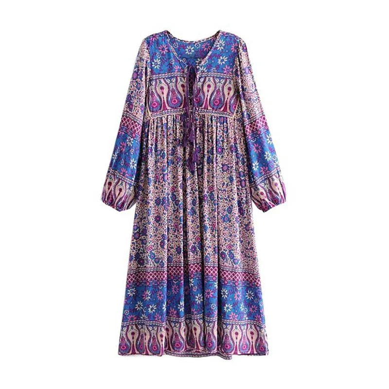 Boho Chic Лето Винтаж Цветочный Принт плиссированное платье миди для женщин Мода 2019 г. V средства ухода за кожей шеи кружево до кисточкой пляжные