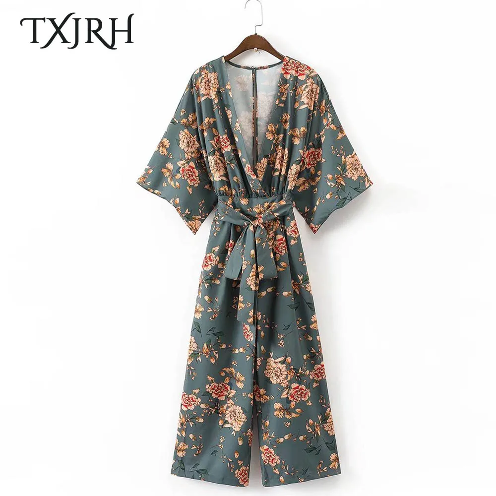 

TXJRH Vintage Ethnic Bloom Floral Print Deep V-Neck Sashes Jumpsuit Women Half Sleeve Back Hollow Out Rompers Bodysuit Overalls