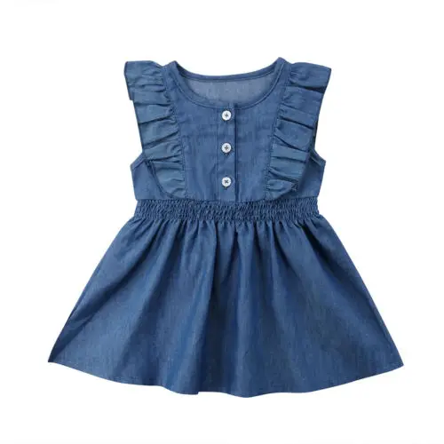 New Kids Girl Summer Blue Jeans Dress Sleeveless Ruffle Princess Dress