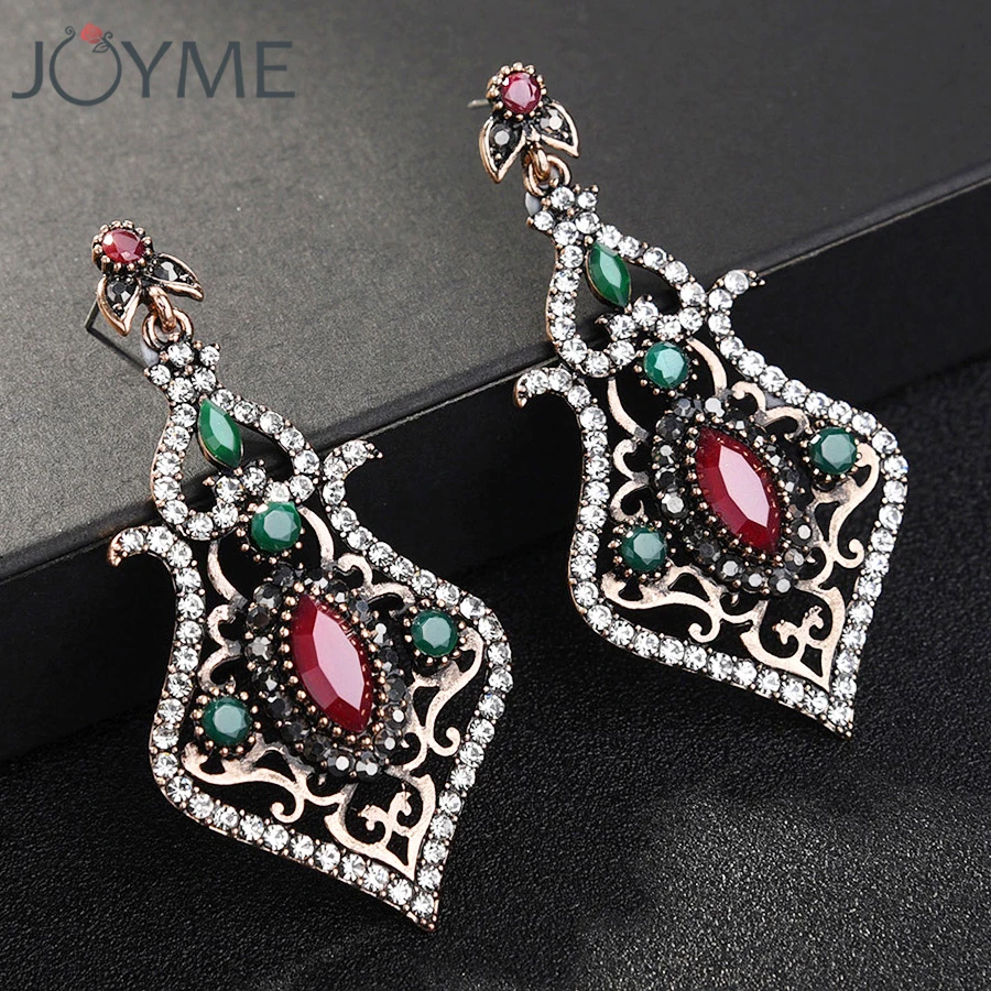 

Joyme Ethnic Style Vintage Women Red Long Turkish Earrings Acrylic Jewelry Antique Gold Color Flower Pendientes Free Shipping