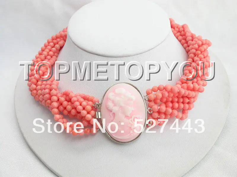 

Wholesale free shipping >>Charming! 10strands round pink coral necklace Cameo Clasp