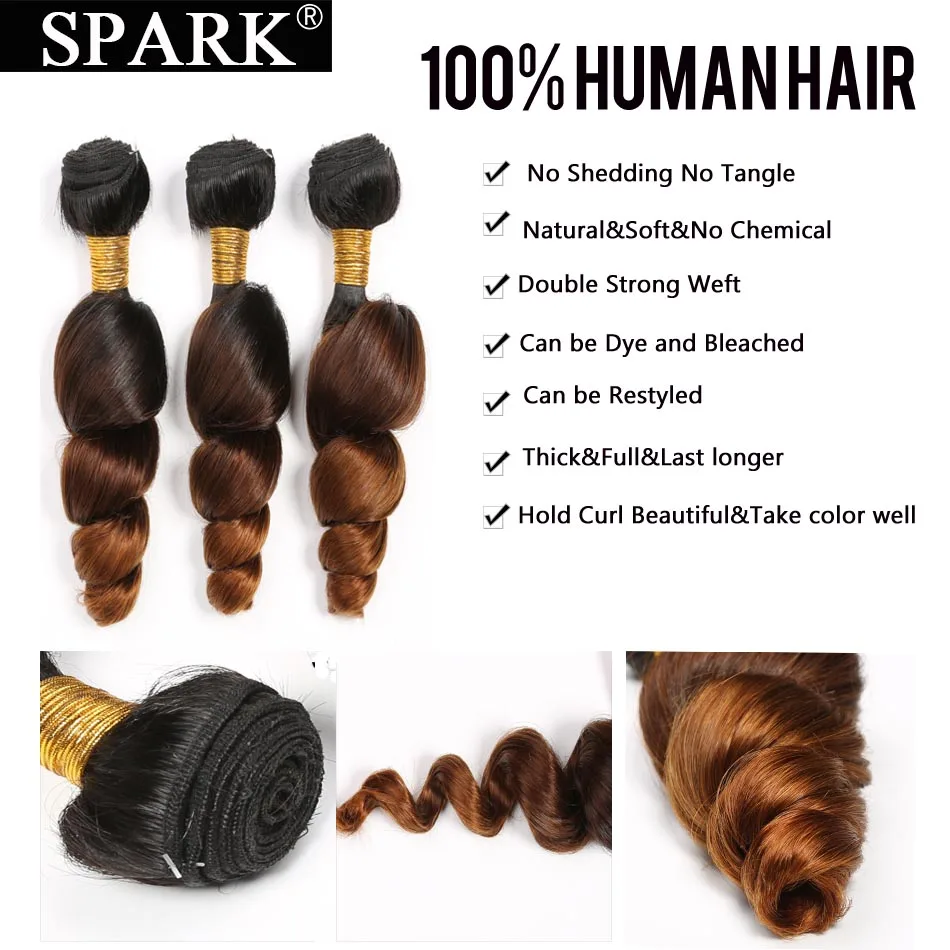Ombre Peruvian Loose Wave Bundles with Closure 1B/4/30 Free Part Spark Remy Hair Extensions Human Hair Bundle with Lace Closure Ombre Peruvian Loose Wave Bundles with Closure 1B/4/30 Free Part Spark Remy Hair Extensions Human Hair Bundle with Lace Closure