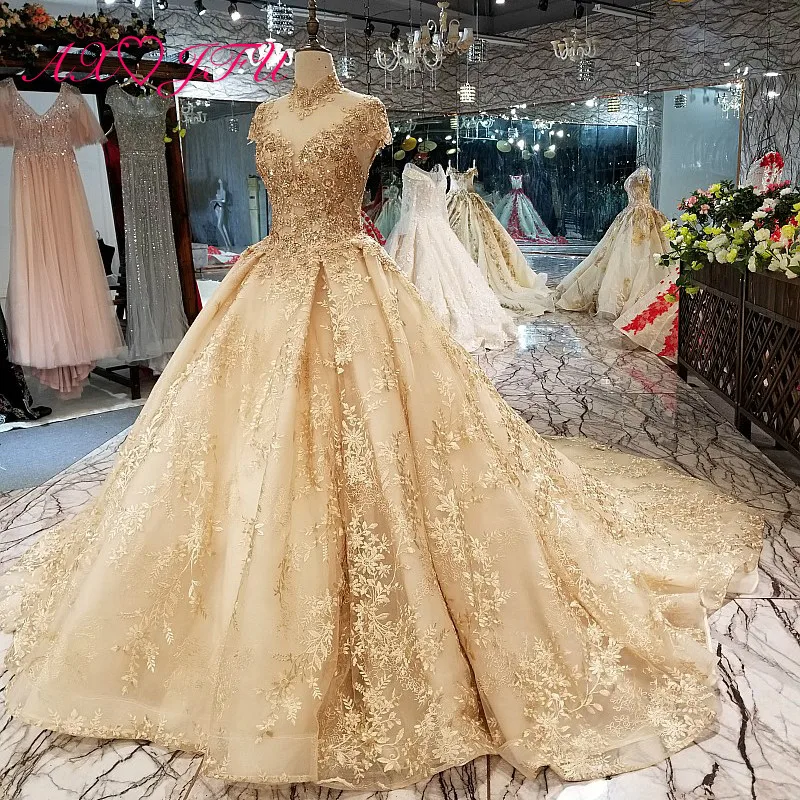 Axjfu Luxury Princess Golden Lace Flower Wedding Dress Vintage Beading Crystal Illusion Wedding 