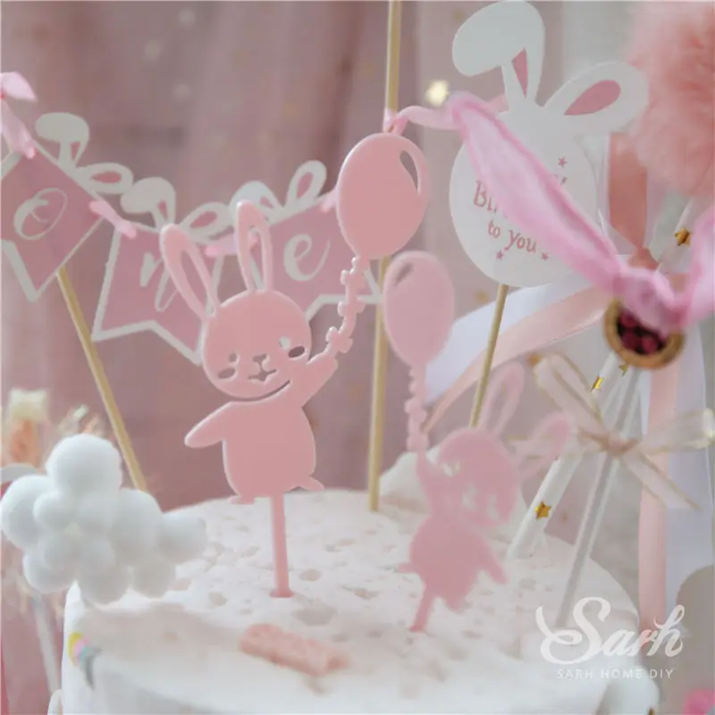 

Rabbit Bunny Ears Ball Acrylic Card Happy One Year Old Cake Topper For Baby Party Decoration Dessert Cute Gifts