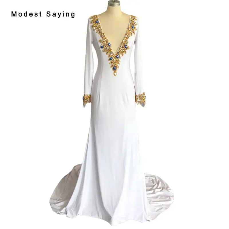 Real Gold Blue Luxury Dubai Mermaid Deep V Neck Pearls Long Sleeve Stretch Backless Evening Dresses 2017 Arabic Party Prom Gowns | Свадьбы и