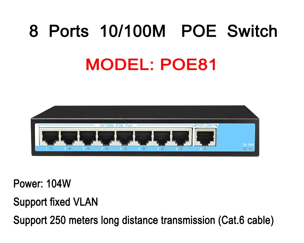 CCTV 8ch PoE коммутатор 8 портов Мощность Over Ethernet 1 RJ45 10/100 м DC48V IEEE 802.3af/AT адаптивная