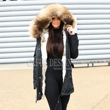 CX-G-P-14D черная парка куртки настоящая подкладка из кролика большой енота меховой воротник с капюшоном зимнее пальто