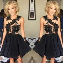 Черные платья для выпускного вечера трапециевидные шифоновые аппликационные кружева короткие мини элегантные коктейльные платья