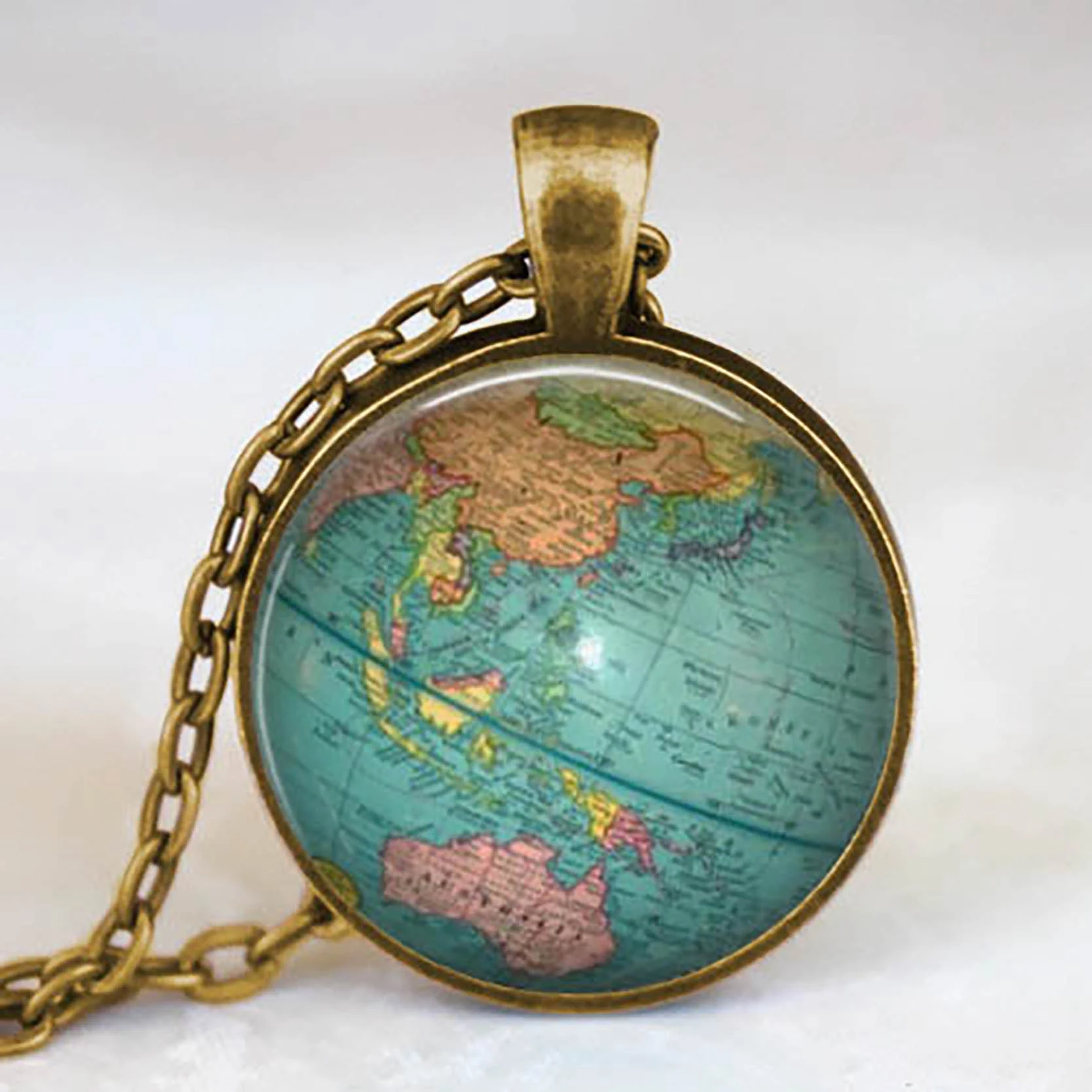 

Colombia Hungary Globe Vintage Map Steampunk Necklace World Map Pendant Bronze Chain Jewelry Handmade Glass Cabochon Necklace