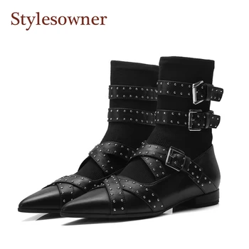 

Stylesowner Punk Style Lady Motorcycle Boots Rivets Belt Buckle Pointed Toe Cool Bootie Real Leather Autumn Winter Short Boots