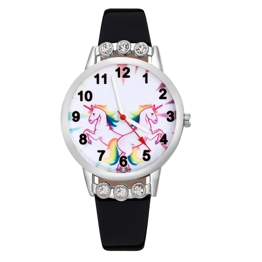 

Fashion Cartoon pretty unicorn horse Crystal style Children's Watches Kids Student Girls Quartz leather Wrist Watch Clock JG18
