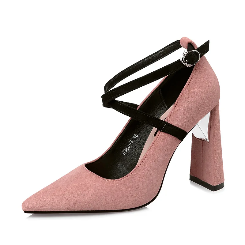 Туфли-лодочки; женская обувь; красные туфли из флока без застежки; неглубокие Свадебные вечерние туфли-лодочки на Высоком толстом каблуке 10 см с острым носком; chaussures femme - Цвет: Розовый