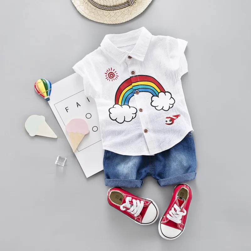 

Toddler Boy Shirt Clothes Summer Set Outfit 2019 New Cute Rainbow Children Clothing Short Sleeve Shirt Boys Suit Baby Suit